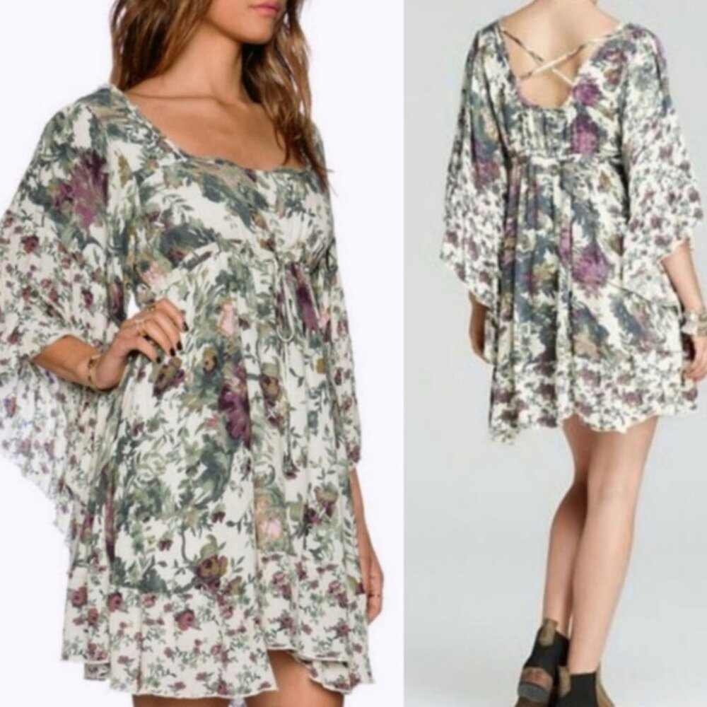 Free People Purple and Green Floral Boho Mini Dress